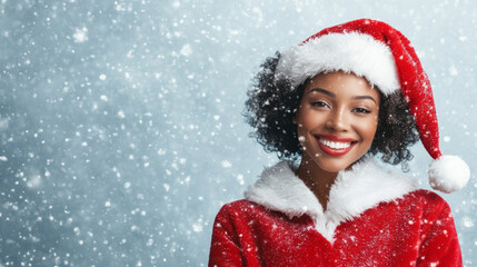 A joyful woman in festive red outfit and Santa hat smiles brightly against snowy backdrop, embodying spirit of holiday season