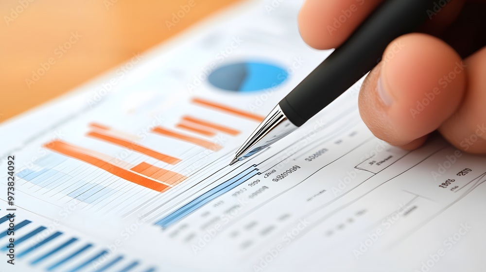 Poster close-up of a hand analyzing a graph with a pen