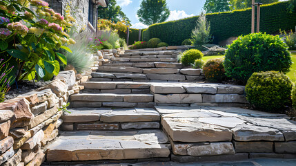 Hard landscaping, new luxury stone patio and garden of an English home