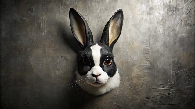 A striking black and white rabbit half-face mask features a textured background with shimmering white eyes and