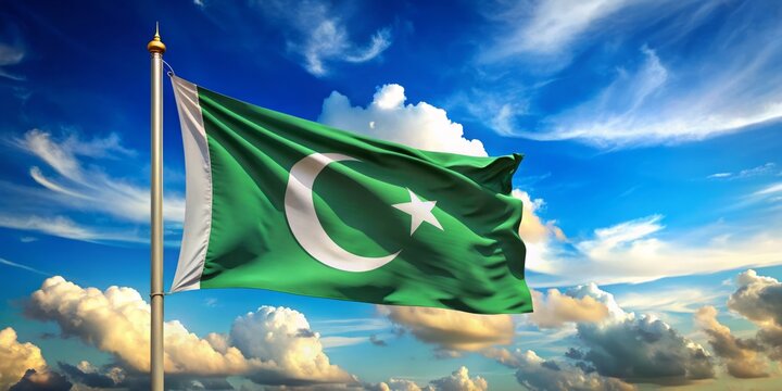 A majestic Islamic crescent moon and star flag waves gently in the breeze, symbolizing faith and unity against