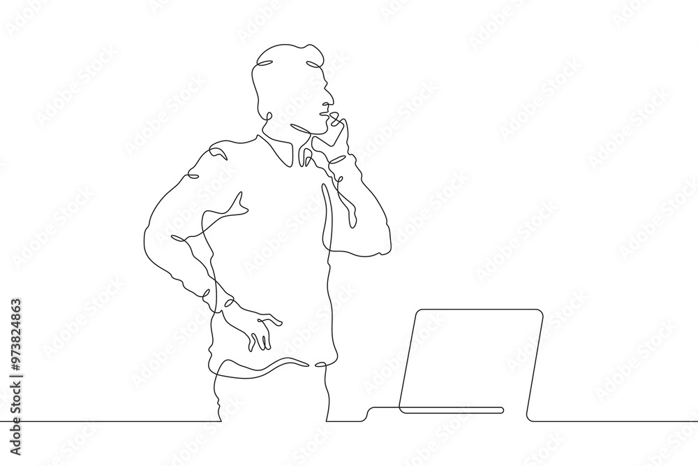 Poster continuous one line drawing businessman talking on the phone. man working with laptop. working on co