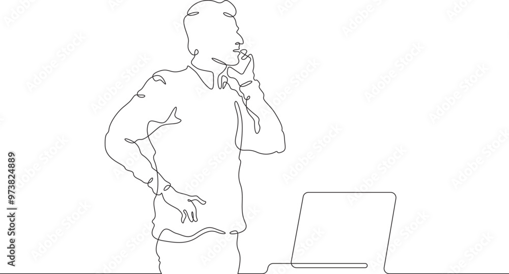 Poster continuous one line drawing businessman talking on the phone. man working with laptop. working on co