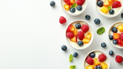 Bowls of yogurt with fresh fruit and mint on white background.
