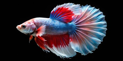 Fototapeta premium A stunning half-moon shaped Betta fish boasts vibrant white scales that shimmer in the light, its flowing fins