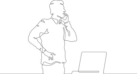 Continuous one line drawing businessman talking on the phone. Man working with laptop. Working on computer. Negotiations. One continuous line isolated minimal illustration.