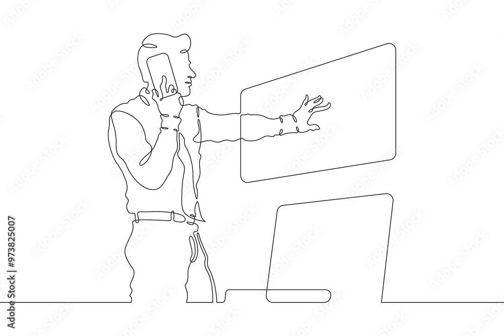 Poster continuous one line drawing businessman talking on the phone. man working with laptop. working on co