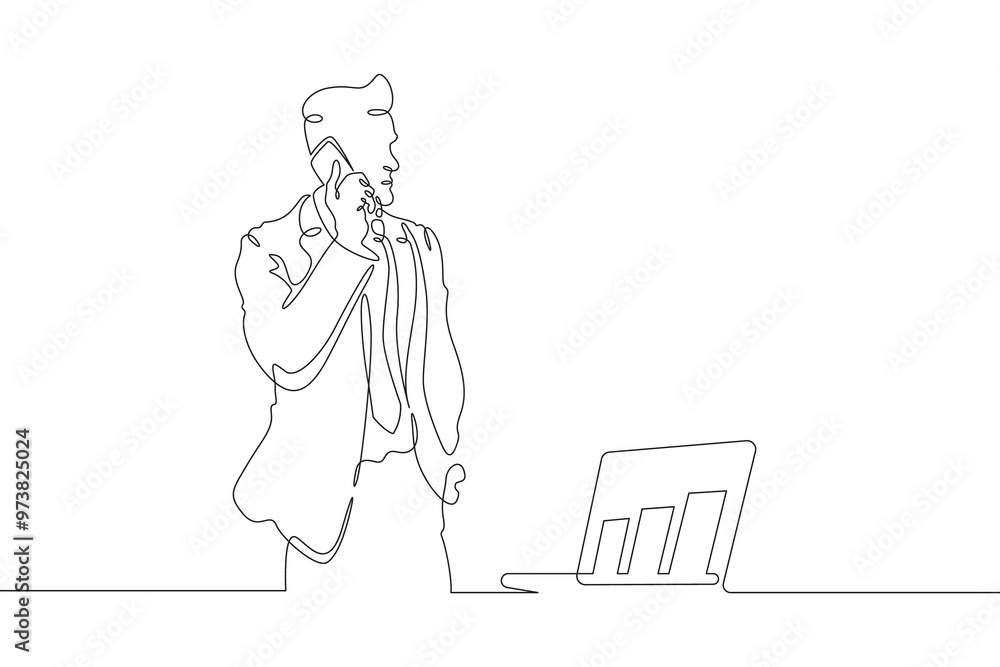 Poster continuous one line drawing businessman talking on the phone. man working with laptop. working on co