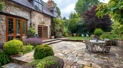 Obraz premium Hard landscaping, new luxury stone patio and garden of an English home