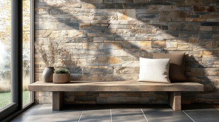 Wooden rustic bench near wild stone cladding wall against window Farmhouse interior design of modern home entryway