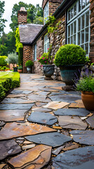 Hard landscaping, new luxury stone patio and garden of an English home