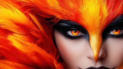 Closeup of a woman s eye with orange eyeshadow and feathers