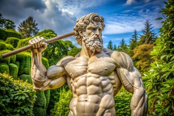 A majestic marble statue of a mythical strongman stands proudly, muscles flexed, club in hand, amidst lush greenery,