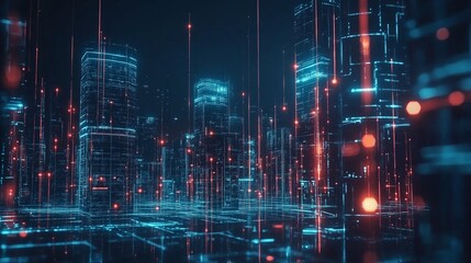 Fototapeta premium Network connection line light smart building city modern future technology
