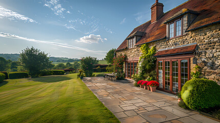 Obraz premium Hard landscaping, new luxury stone patio and garden of an English home