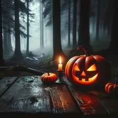 Halloween pumpkins in various settings including a garden, park, and on a table, with a spooky and festive atmosphere