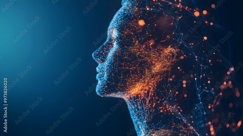 Aufkleber a digital representation of a human face formed by a complex network of lines and glowing particles