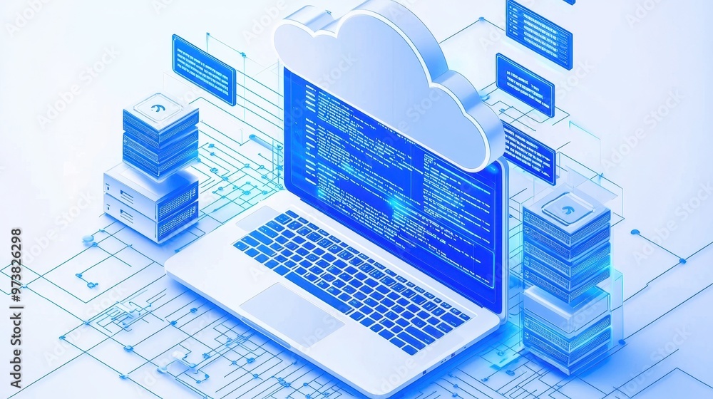 Poster cloud computing data storage server laptop network technology digital internet web modern future abs