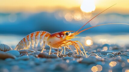 A shrimp on a sandy beach, with its vibrant colors standing out against the backdrop of sunlit waves and seashells.