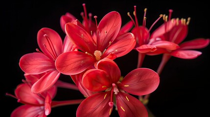 Fototapeta premium Red flowers of the Crown of Christ plant provided with stamens with forked anthers, form a beautiful natural design with a black background
