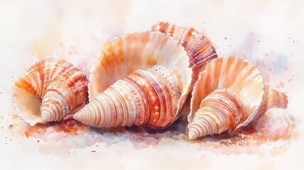Shellfish illustrated in watercolor style, with soft, flowing colors and delicate brushstrokes emphasizing its natural forms.