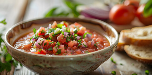 Bowl of chunky gazpacho with rich red color and fresh vegetables served on a rustic table