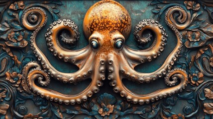 Octopus rendered in Art Nouveau style, characterized by flowing lines, ornate patterns, and a touch of vintage elegance.