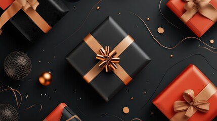Obraz premium Black Friday and Copper Gift Boxes with Ribbons on Black Friday Background