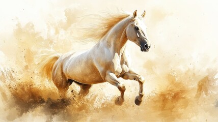 Fototapeta premium Horse illustrated in watercolor style, featuring soft, fluid strokes and gentle hues that emphasize its graceful movement.