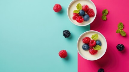 Two bowls of white creamy dessert topped with fresh raspberries, blueberries, and mint on a blue and pink background.