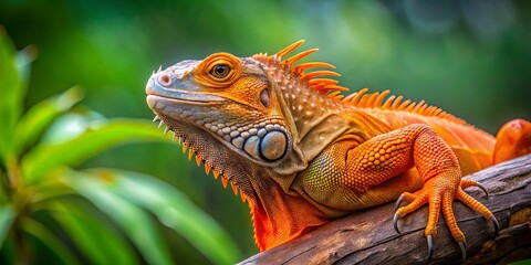 Fototapeta premium A vibrant orange iguana perches regally on a sturdy tree limb, its bright physiology set against a blurred
