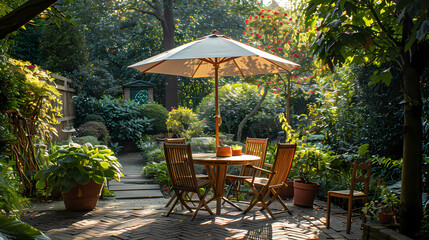 Obraz premium London garden in summer with patio, wooden garden furniture and a parasol or sun umbrella