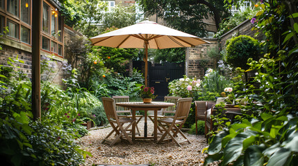 Obraz premium London garden in summer with patio, wooden garden furniture and a parasol or sun umbrella