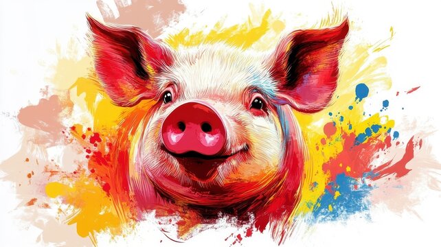 Pig illustrated in Abstract Expressionism style, using expressive strokes and vivid colors to convey its playful and lively character.