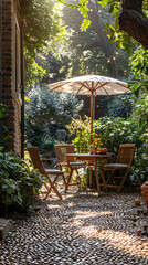 Obraz premium London garden in summer with patio, wooden garden furniture and a parasol or sun umbrella