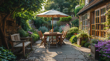 Obraz premium London garden in summer with patio, wooden garden furniture and a parasol or sun umbrella
