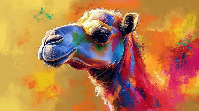 Camel rendered in Abstract Expressionism style, using bold, dynamic strokes and vivid colors to convey its powerful and unique character.
