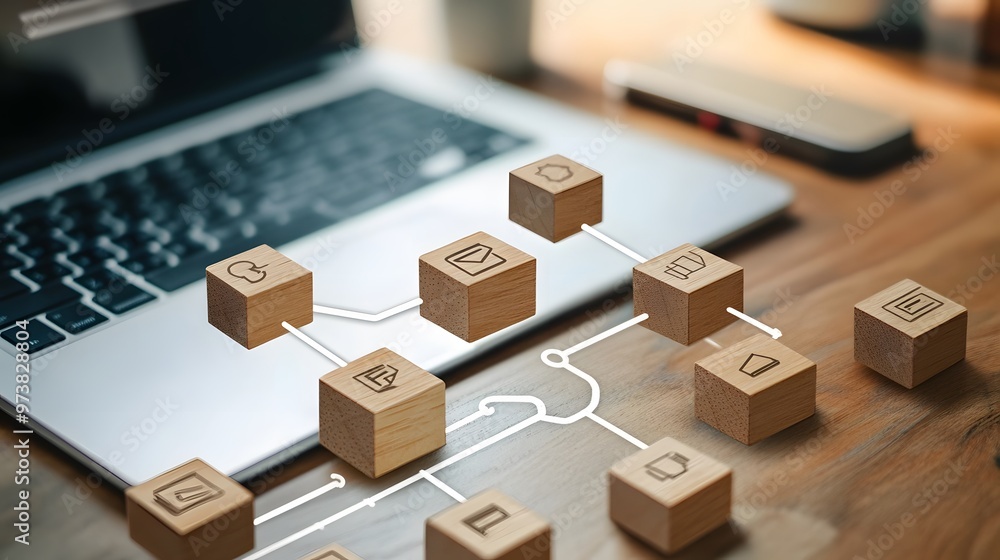 Poster wooden cubes connected by lines, representing a network or system