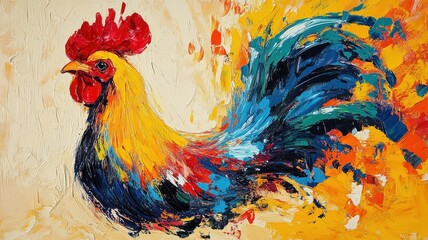 Fototapeta premium Chicken rendered in Abstract Expressionism style, with dynamic brushstrokes and vivid colors conveying its lively and distinct personality.