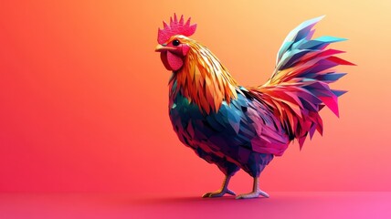 Chicken in a stylized 3D illustration, featuring modern geometric shapes and vibrant colors for a contemporary, artistic representation.