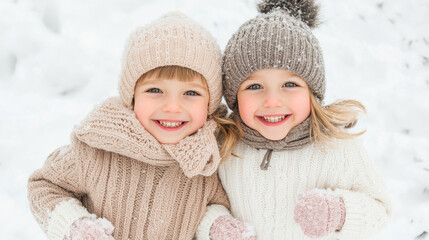 Two adorable siblings, boy and girl, are smiling joyfully in snow, wearing matching cozy winter outfits. Their happiness radiates in winter wonderland