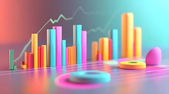 A 3D illustration of side-by-side comparison charts displaying competitive analysis data, with vibrant bar graphs and percentages, set against a modern, clean background 