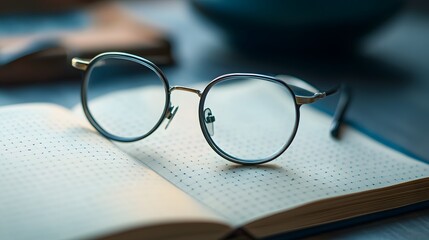 Round Eyeglasses Resting on an Open Notebook