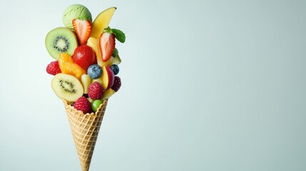A waffle cone filled with various fresh fruits and a scoop of green ice cream against a light blue background.