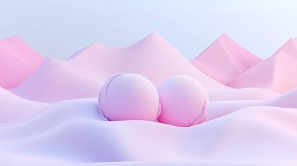 A stylized representation of two ice cream scoops on soft, pastel-colored hills.