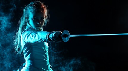 A young woman in a white jacket holds a sword with a blue glow, her expression serious and focused. The background is dark with blue smoke, giving a dramatic and mysterious feel to the scene.