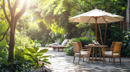 Obraz premium London garden in summer with patio, wooden garden furniture and a parasol or sun umbrella