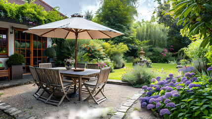 London garden in summer with patio, wooden garden furniture and a parasol or sun umbrella