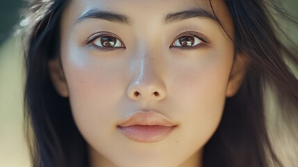 Fototapeta premium Asian beauty with radiant skin, close-up showing a flawless complexion