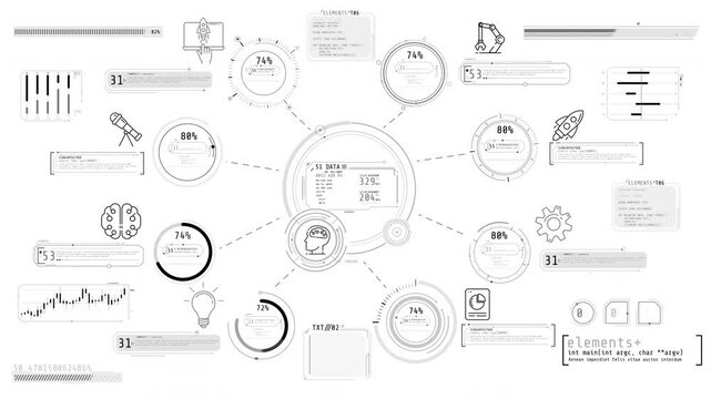 Monochrome infographics on the theme of programming and technology.
